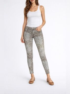 ALL SAINTS Low Rise Cropped Skinny Gray/Light Blue Floral Jeans Zipper at Hem 28